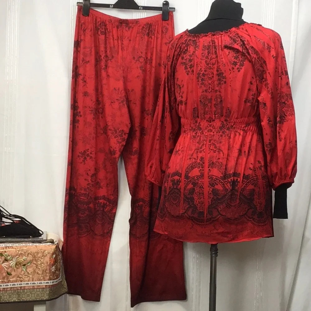 🪭 Starille Red Black Super Soft Long Sleeve Top & Pants Loungewear Set Sz.M/L - Picture 3 of 11